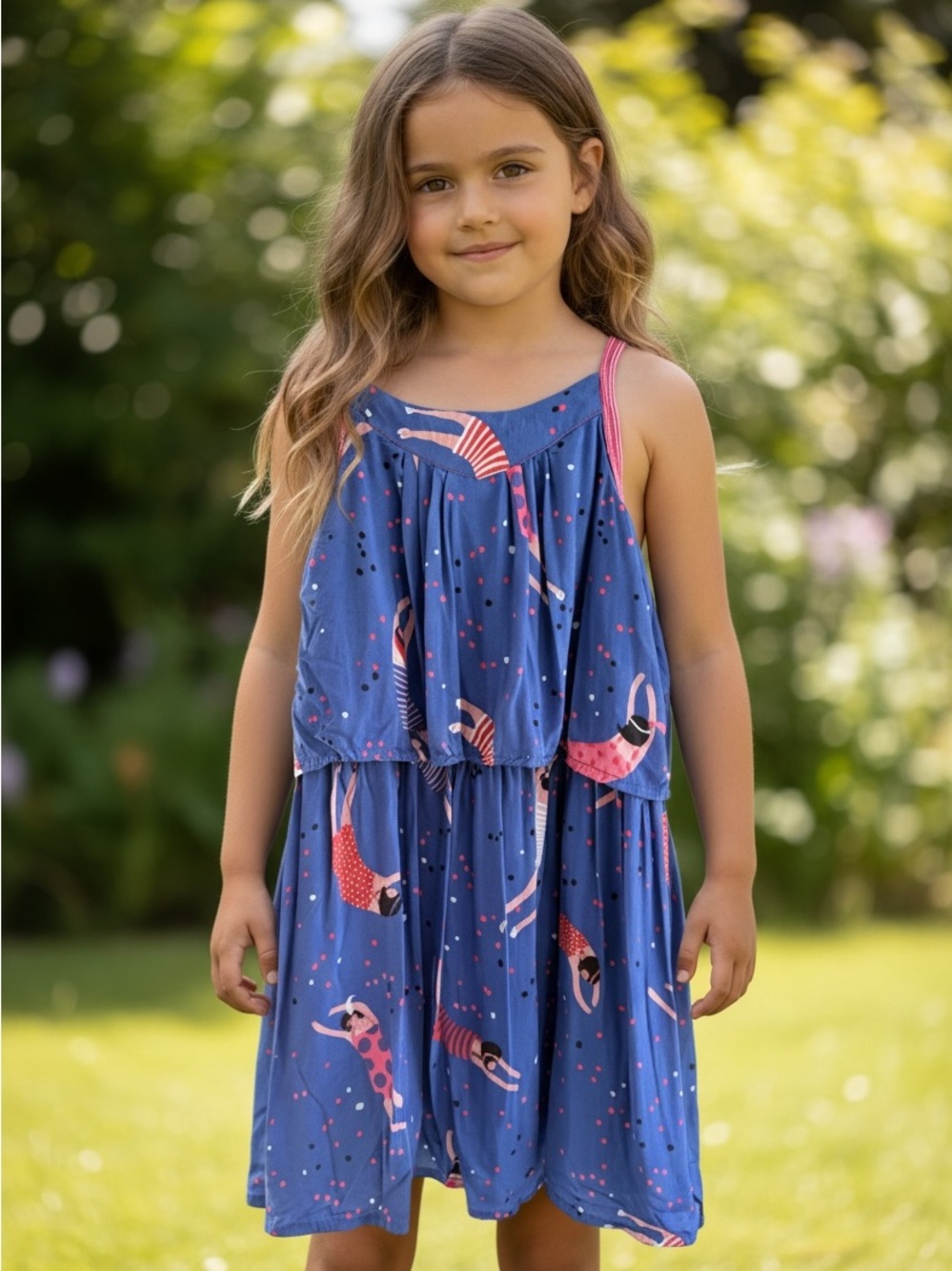 Catimini girls' sleeveless dress whimsical patterned print of cartoon sz 5